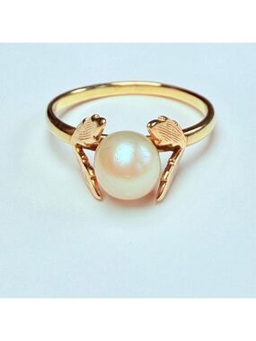 14K Solid Yellow Gold 6.5mm Cultured Freshwater Pearl Solitaire Wreath VTG Ring